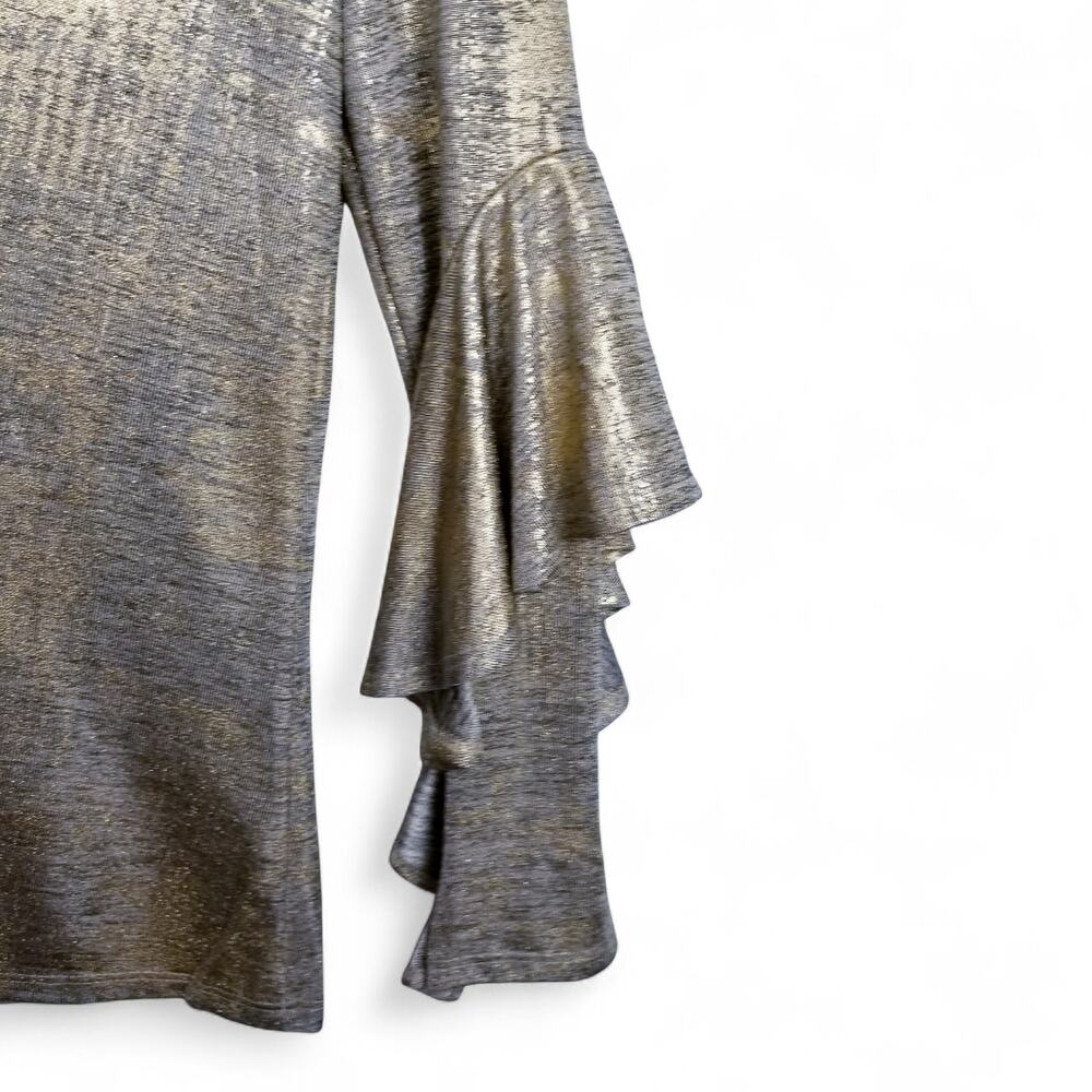 GIBSON LATIMER Shiny Gold Metallic V-neck Flutter Sleeve Pullover Top - Small - Picture 7 of 10